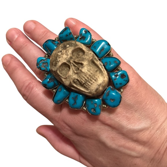 Handmade Jewelry - Silver, Turquoise & Resin Skull Statement Ring Xxl